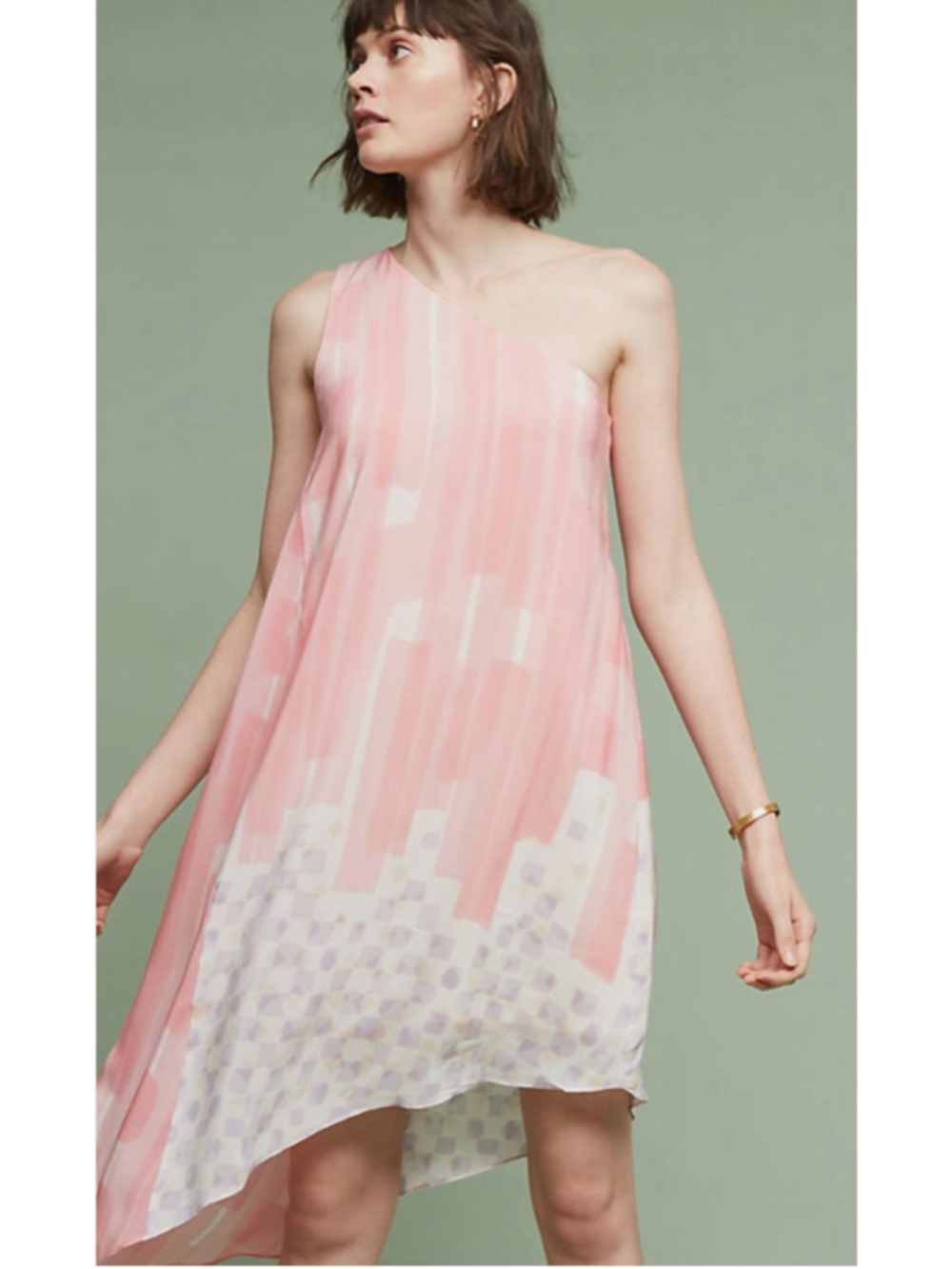 Maeve Anthropologie Silk One Shoulder Pink Midi Dress Size 2